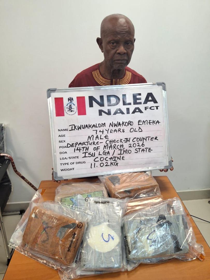 74-Year-Old Man Arrested With 11kg Cocaine at Abuja Airport as NDLEA Uncovers Major Drug Trafficking Network