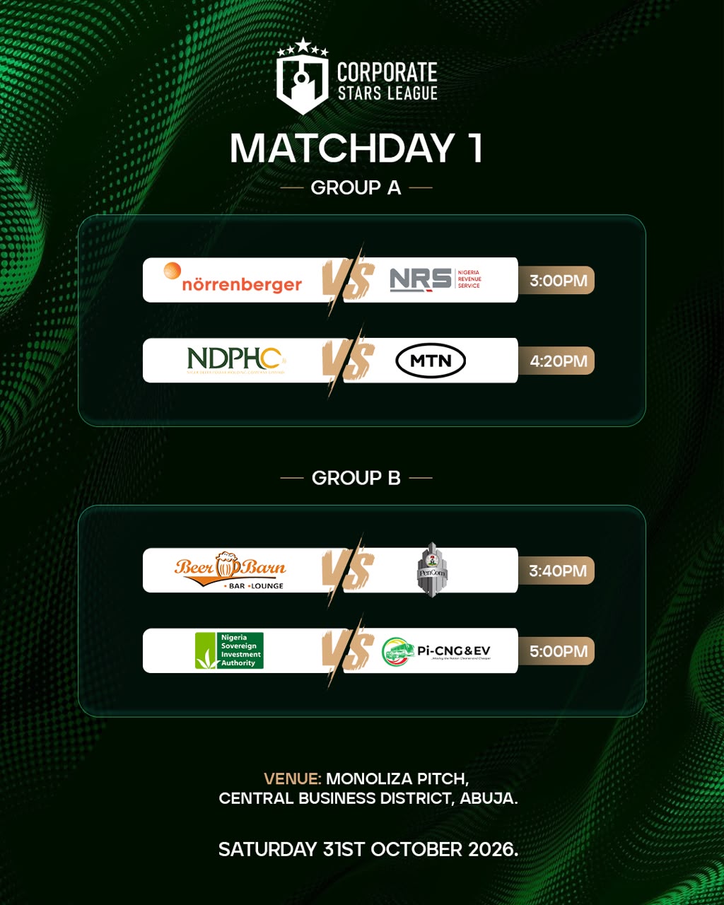 Corporate Stars League Abuja 2026 Kicks Off Saturday as Corporate Giants Set for Opening-Day Showdowns